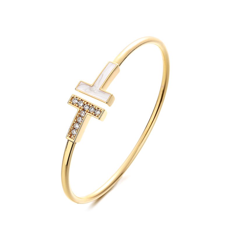 Mode Vit Pärlemor Dubbel T Brev Öppet Armband Femininitet Diamant Inläggningar Champagne Guld Tillbehör