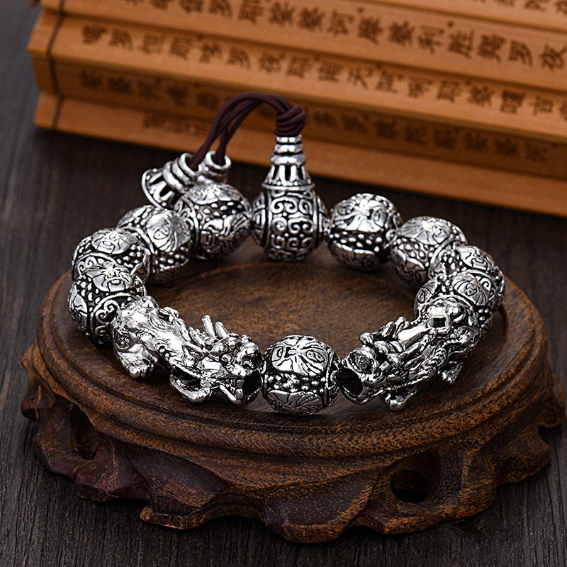 Retro Love Double Pixiu Armband Mode Trendigt Guan Gong Wu Buddha Beads Herrarmband Gamla Thailändska Silverarmband