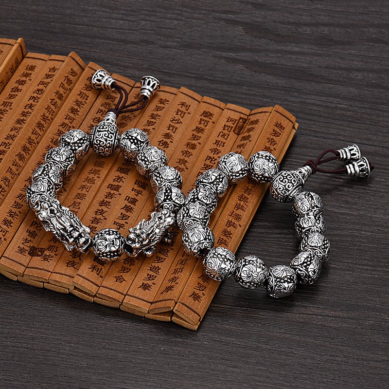 Retro Love Double Pixiu Armband Mode Trendigt Guan Gong Wu Buddha Beads Herrarmband Gamla Thailändska Silverarmband