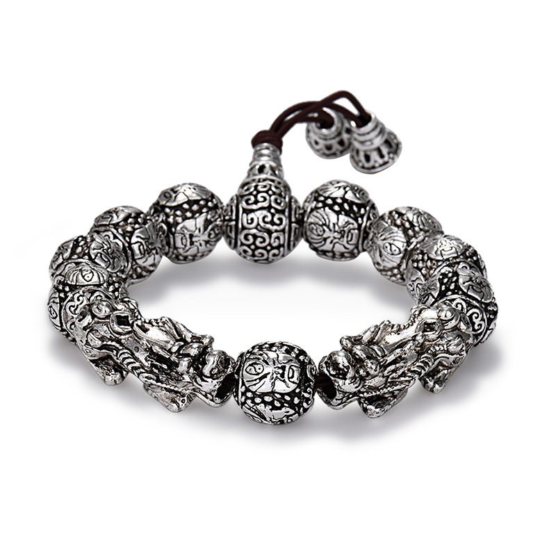 Retro Love Double Pixiu Armband Mode Trendigt Guan Gong Wu Buddha Beads Herrarmband Gamla Thailändska Silverarmband