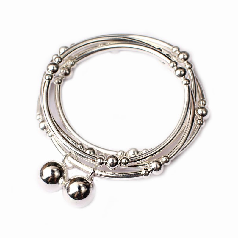 S925 Silver Bend Tube Small Ball Beads Armband Fyra Ringar Original Diy Pärlarmband Present För Kvinnor