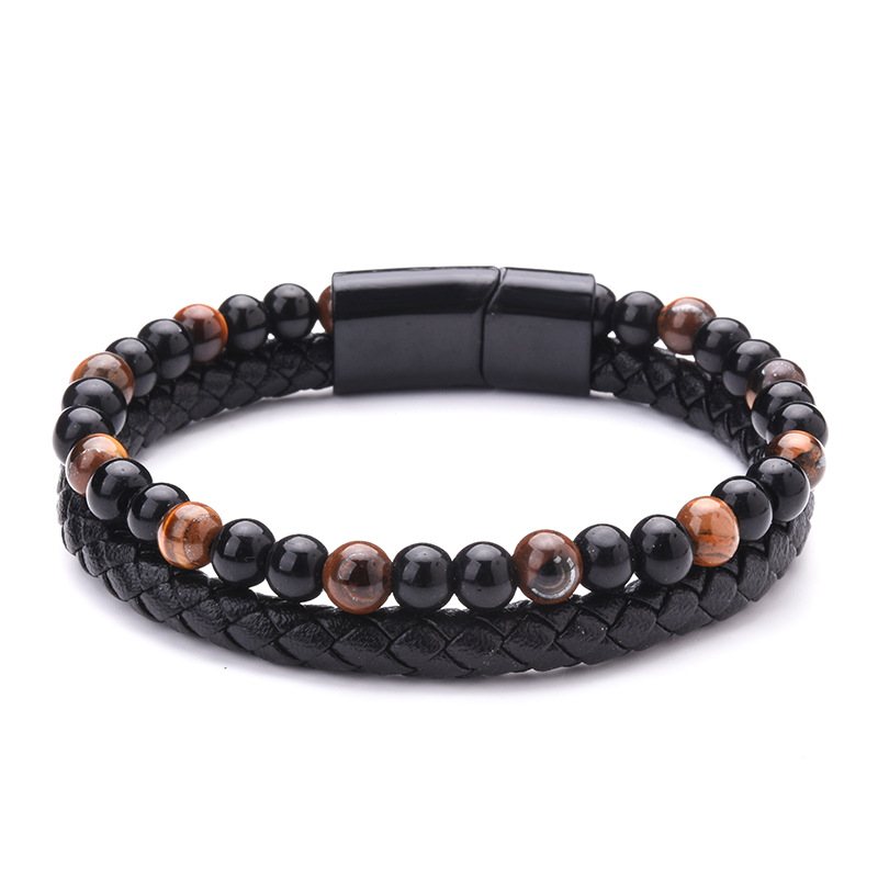 Volcanic Natural Stone Tiger Eye Beaded Armband Herr Läderrep Agate