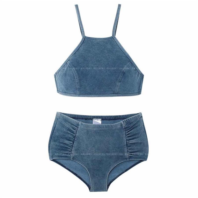 Baddräkt Kvinnlig Delad Denim Halter Hals Hög Midja Bikini Sexig