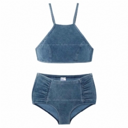 Baddräkt Kvinnlig Delad Denim Halter Hals Hög Midja Bikini Sexig