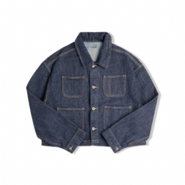 Dam Vintage Jeansjacka Mörkblå Bomull Lös Lapel Cropped Jacka