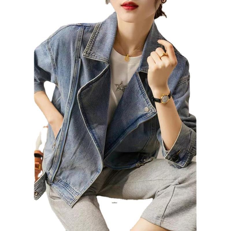 Denimjacka Dam 2024 Cropped Jacket Top Kontrasterande Färg Lös