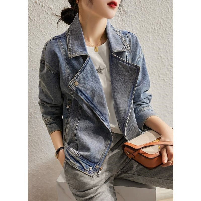 Denimjacka Dam 2024 Cropped Jacket Top Kontrasterande Färg Lös