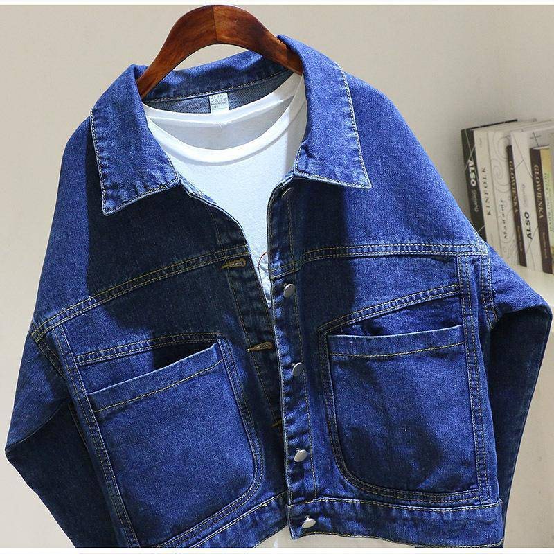 Vintage Cropped Denim Jacka Dam Loose Pocket Jacket Top