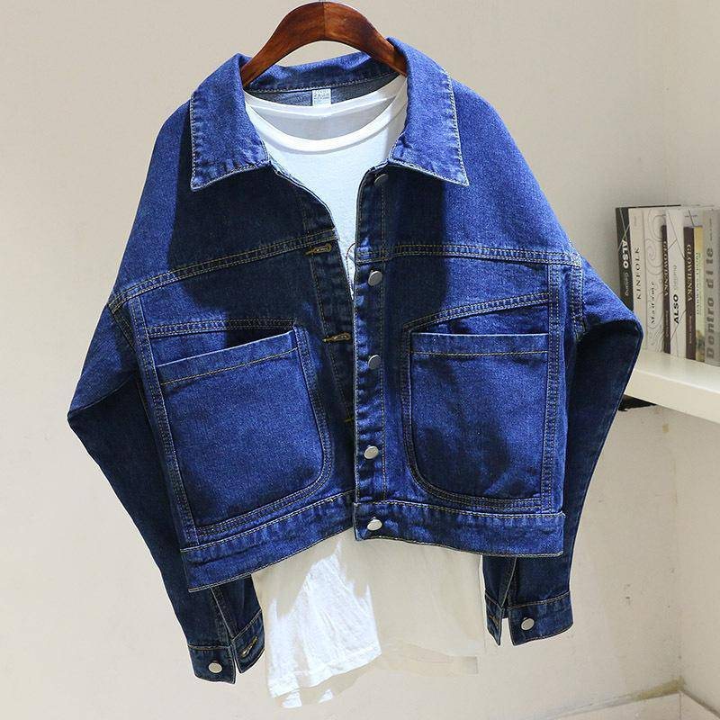 Vintage Cropped Denim Jacka Dam Loose Pocket Jacket Top