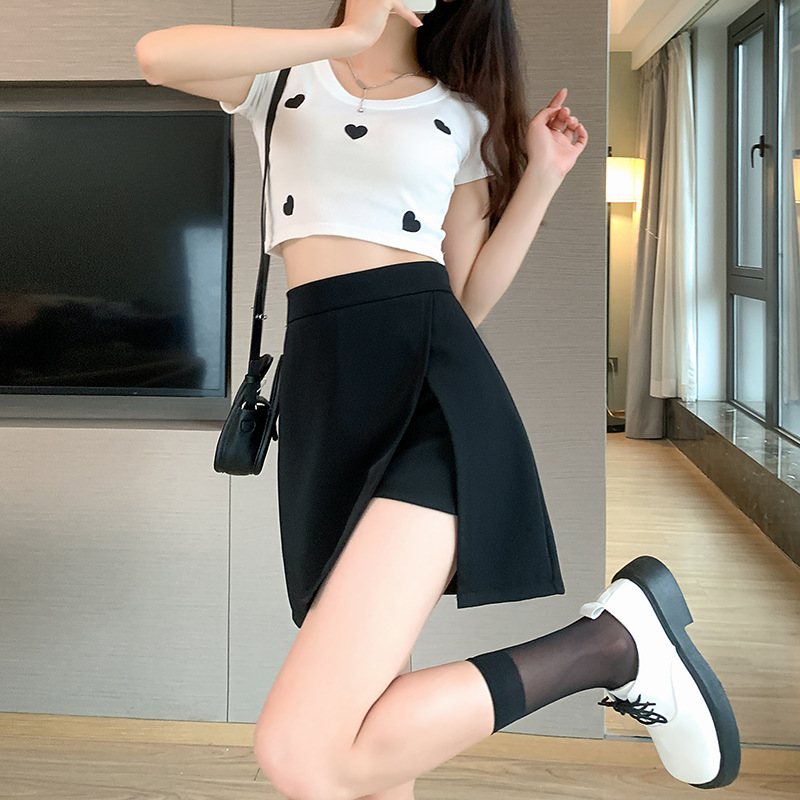 Black Slit Skirt 2024 High Waist Short Oregelbunden