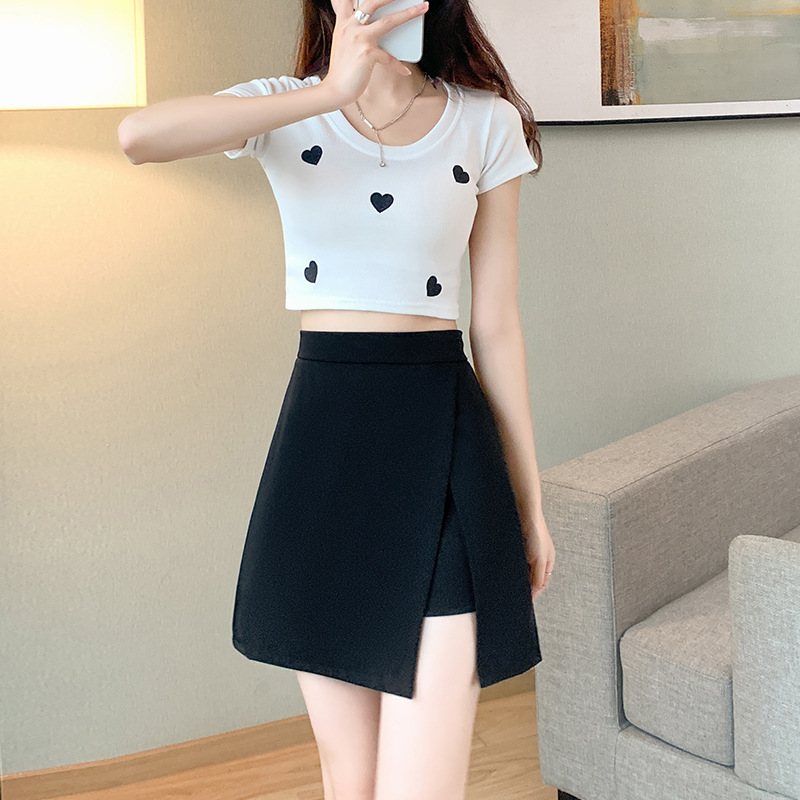 Black Slit Skirt 2024 High Waist Short Oregelbunden