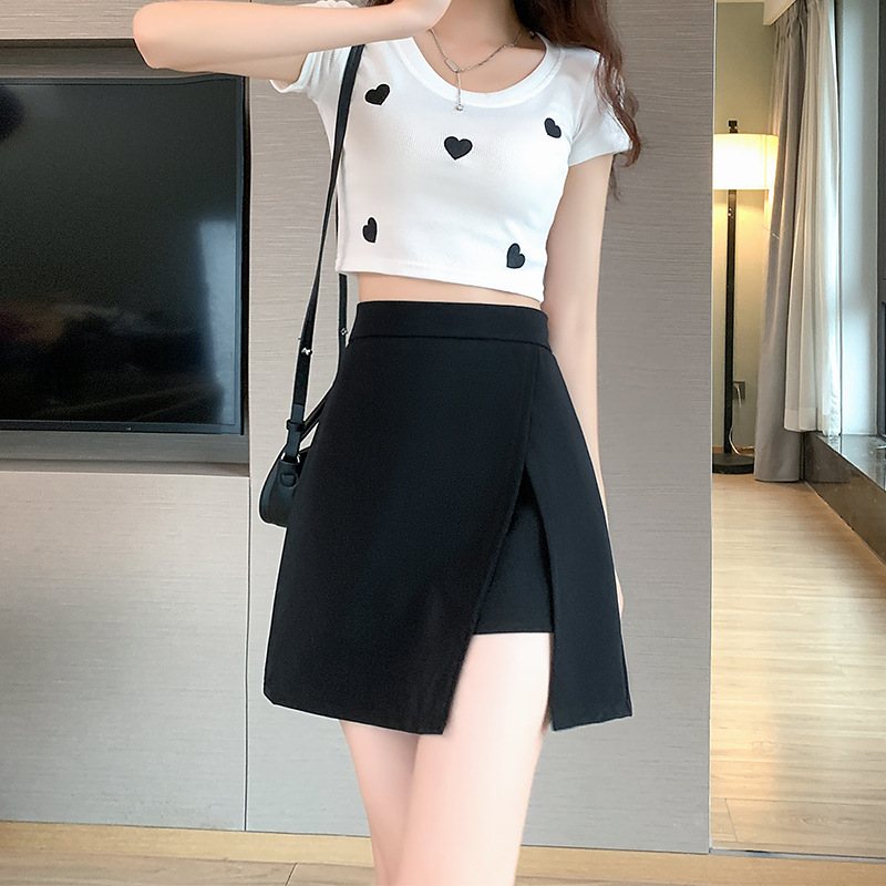 Black Slit Skirt 2024 High Waist Short Oregelbunden