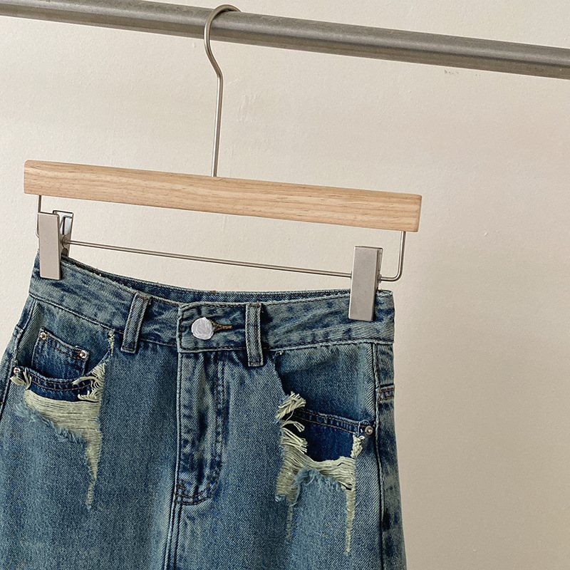 Pocket Back Slit Denim Kjol Kvinnor Hög Midja Mellanlängd