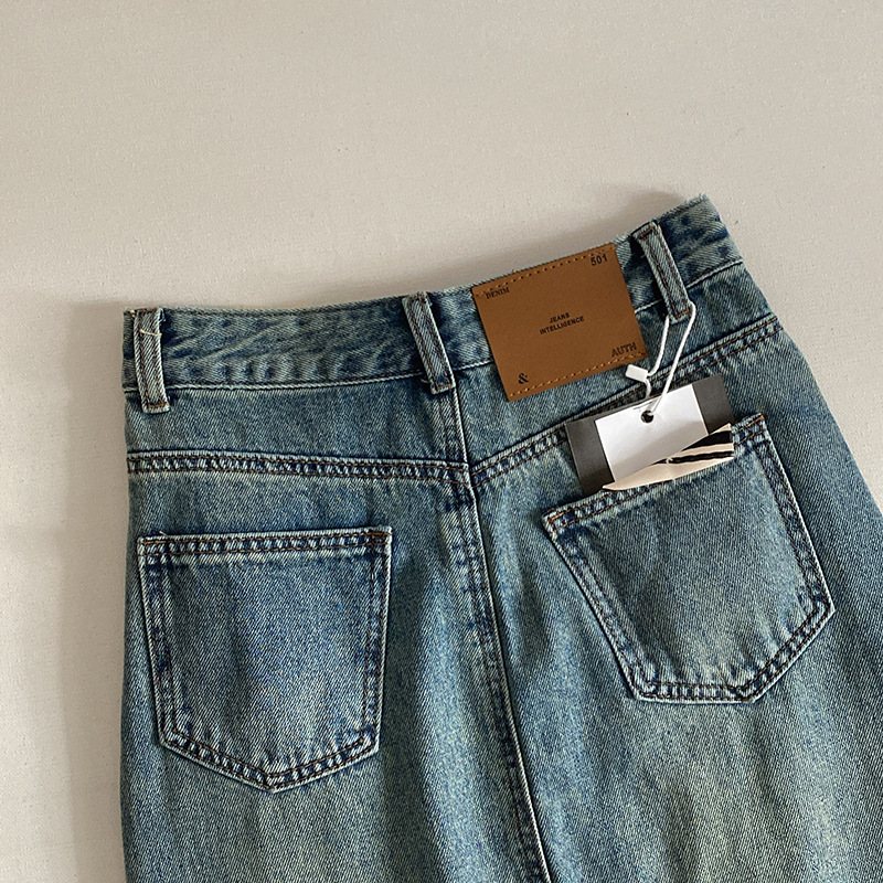 Pocket Back Slit Denim Kjol Kvinnor Hög Midja Mellanlängd