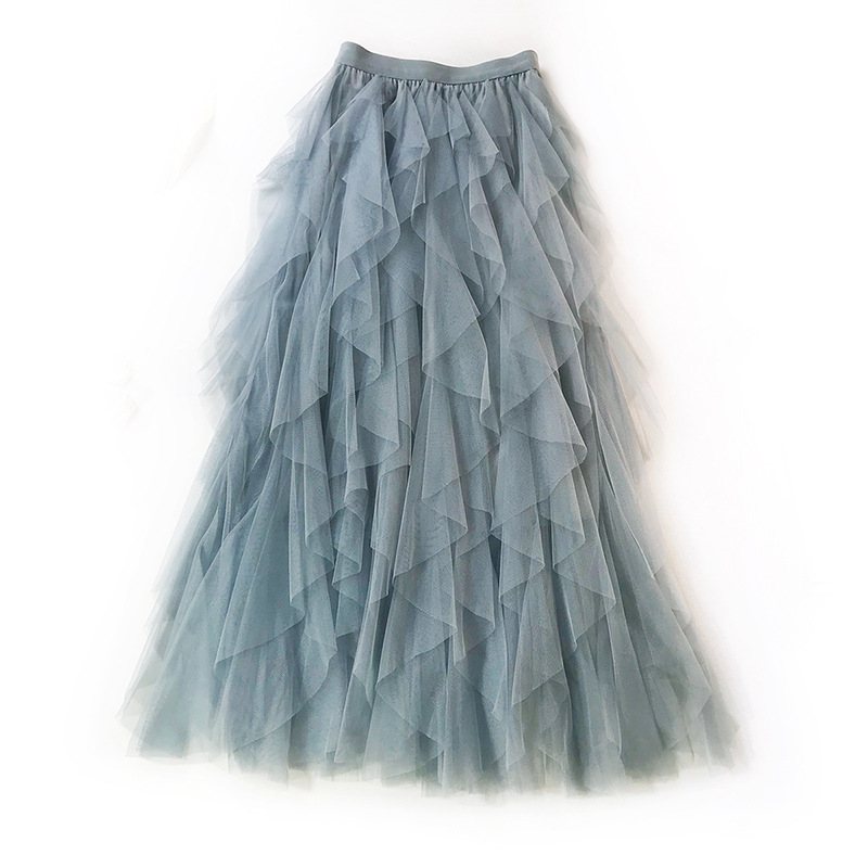 Wave Irregular Layered Cake Skirt Mesh Puffy Lång Kjol Med Hög Midja