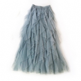 Wave Irregular Layered Cake Skirt Mesh Puffy Lång Kjol Med Hög Midja