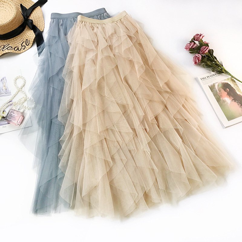 Wave Irregular Layered Cake Skirt Mesh Puffy Lång Kjol Med Hög Midja