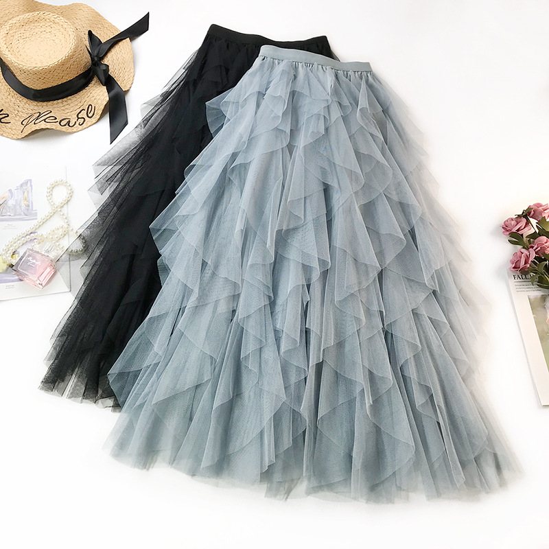 Wave Irregular Layered Cake Skirt Mesh Puffy Lång Kjol Med Hög Midja