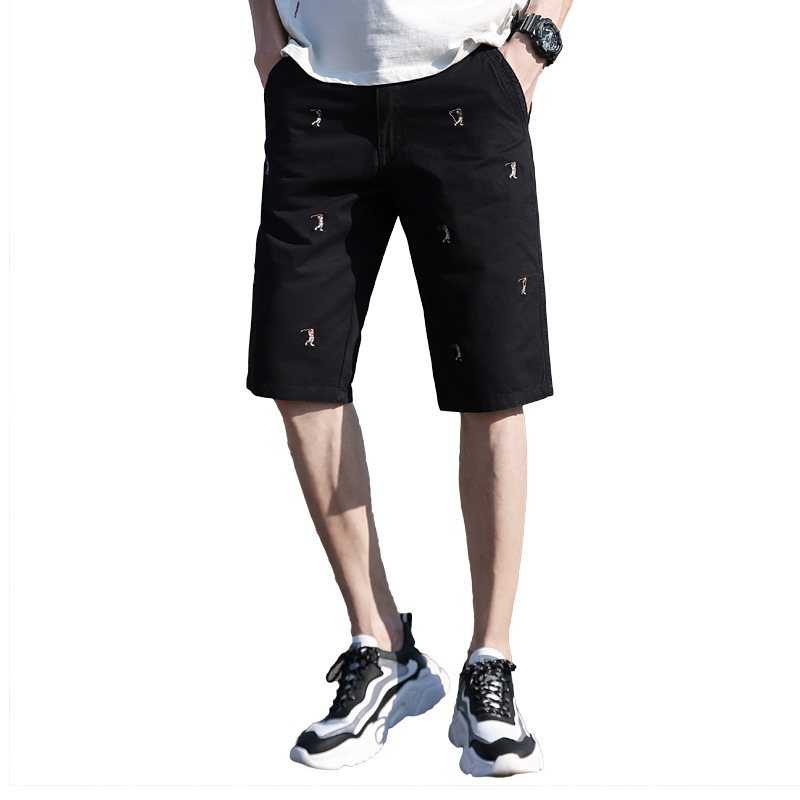 Broderade Casual Shorts Män 2024 Sommar Ny Trend Ren Bomull Raka Fem Poäng