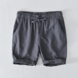 Elastisk Dragsko Casual Shorts Herr Sommar Beach Lös Bomull Linne Beskurna Byxor