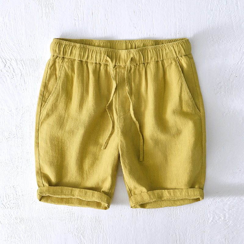 Elastisk Dragsko Casual Shorts Herr Sommar Beach Lös Bomull Linne Beskurna Byxor