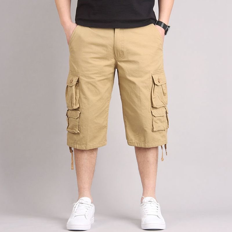 Sommar Mäns Multi-pocket Casual Cropped Byxor Ren Bomull Lös