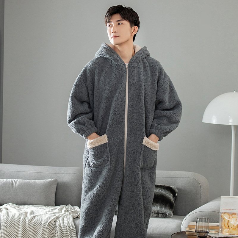 Cardigan Warm Bekvämt Mode I Ett Stycke Hooded Fickor Herr Flanellpyjamas