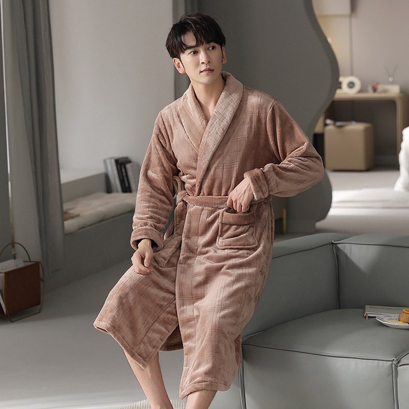 Flanell Badrockar Loungewear För Män Varm Enfärgad Pyjamas