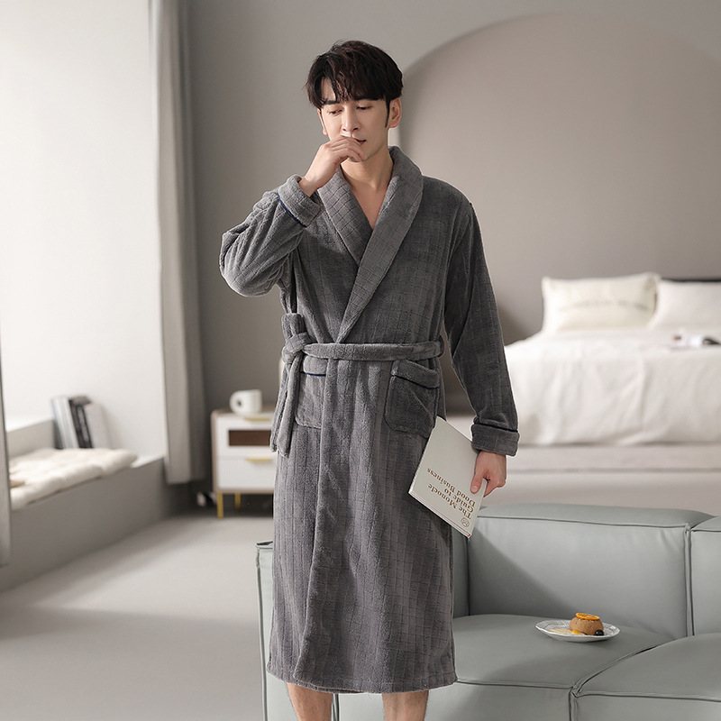 Flanell Badrockar Loungewear För Män Varm Enfärgad Pyjamas