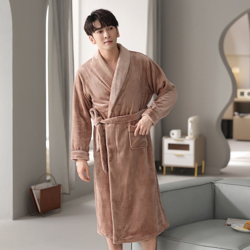 Flanell Badrockar Loungewear För Män Varm Enfärgad Pyjamas