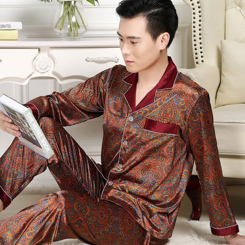 Herrpyjamas Silk Sets Mönster Långa Ärmar Homewear