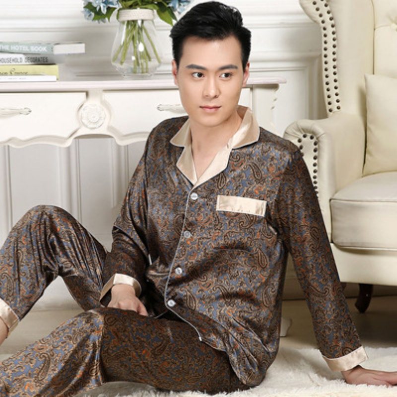 Herrpyjamas Silk Sets Mönster Långa Ärmar Homewear