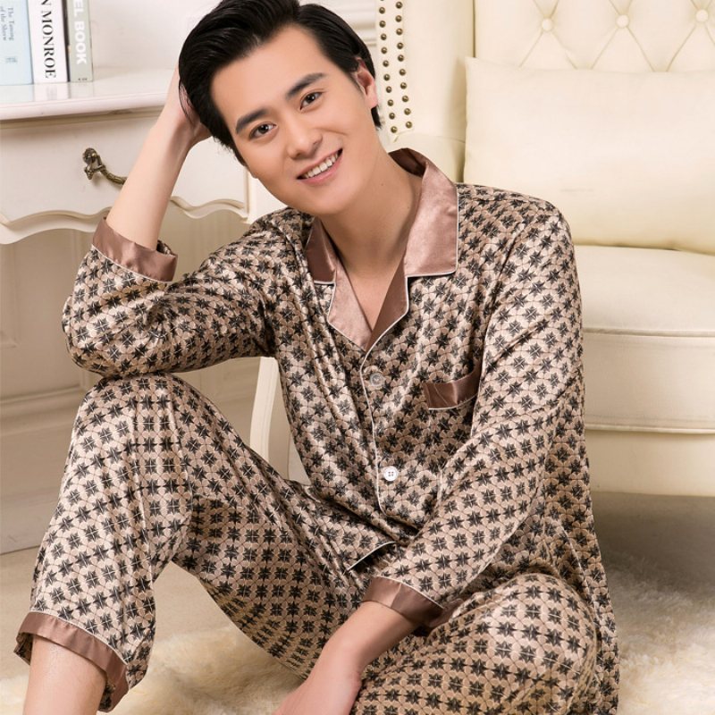 Herrpyjamas Silk Sets Mönster Långa Ärmar Homewear