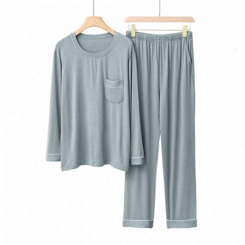 Modal Vår Och Höst För Män Rundhalsficka Casual Långärmade Byxor Homewear Set