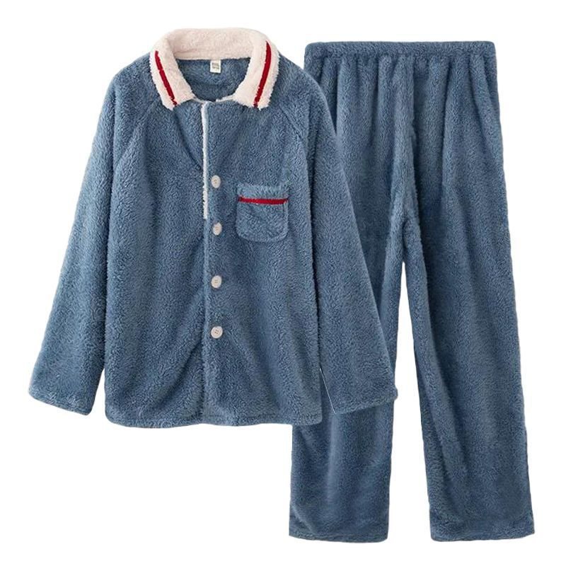 Pyjamas För Män Flanell Plus Fleece Förtjockade Tvådelade Hemkläder