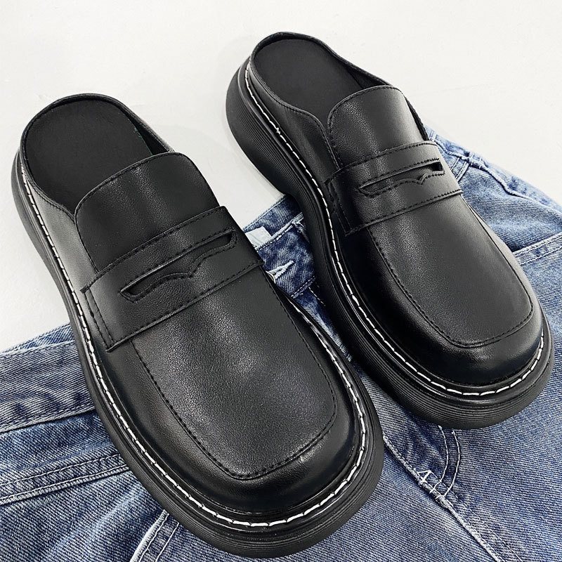 Sommar Baotou Slip-on Män Sandaler Exklusiva Trendiga Män Klänning Skor Fyrkantig Tå Muller Män