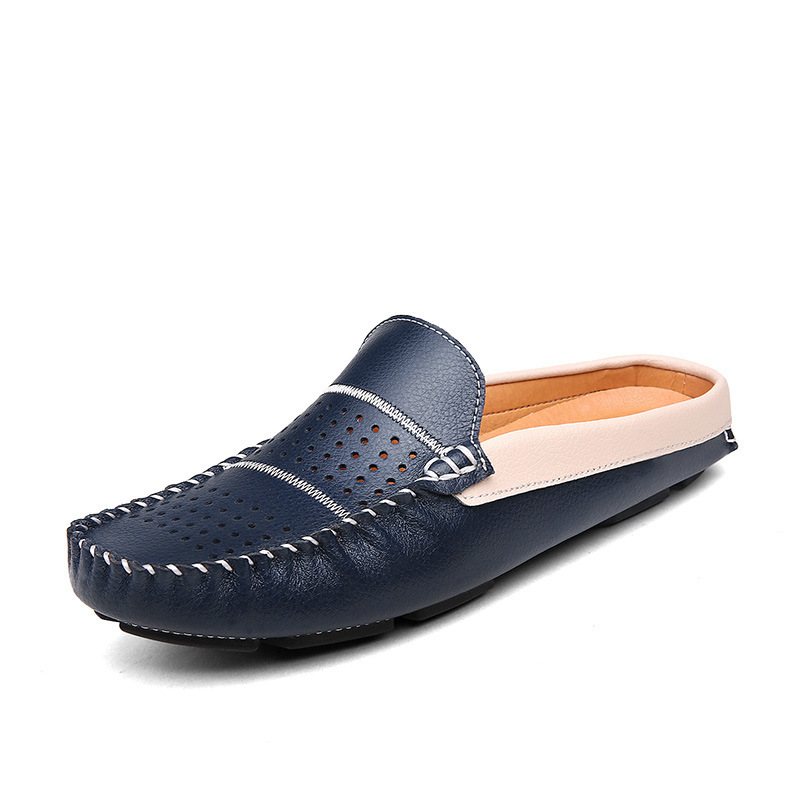 Sommar Herrskor Muller Skor Casual Skoskydd Fot Läder Ihåliga Andas Slip-on Kör Doudou