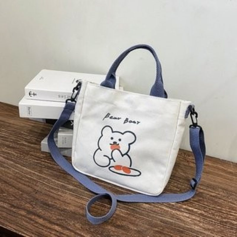 Ny Sommar Canvas Liten Väska Girl 2024 Mode En Shoulder Bag Söt Djur Tjej Diagonal Fyrkantig