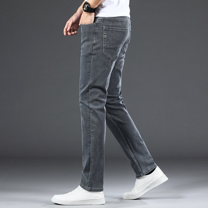 Gråa Jeans Män Lösa Raka Casual Stretch Byxor