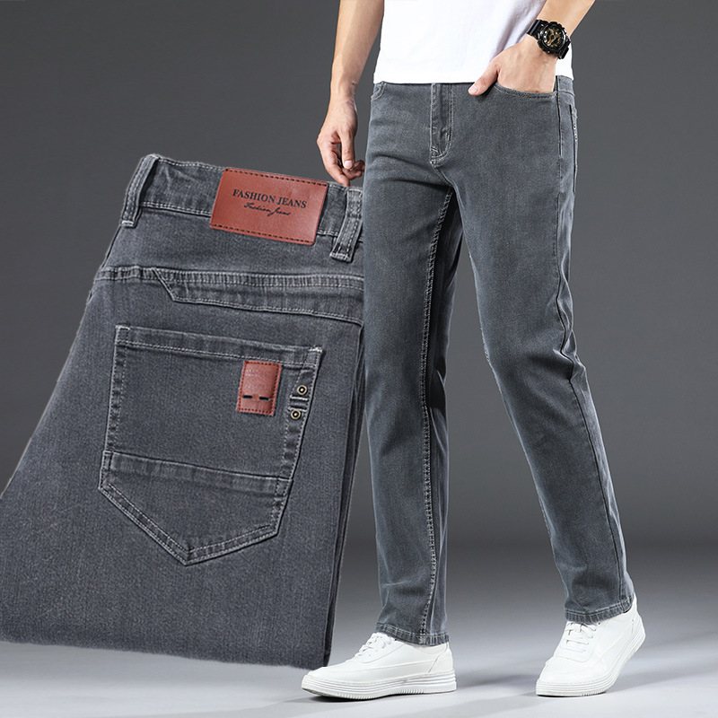 Gråa Jeans Män Lösa Raka Casual Stretch Byxor