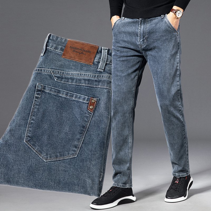 Gråa Jeans Män Lösa Raka Casual Stretch Byxor