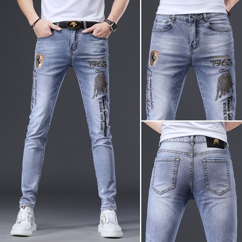 Jeans För Män Rost Blomma Hot Drill Reflekterande Stretch Slim Fit Små Fötter Hål