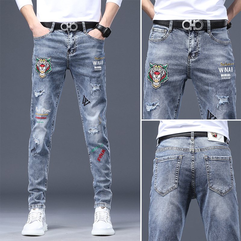 Jeans För Män Rost Blomma Hot Drill Reflekterande Stretch Slim Fit Små Fötter Hål