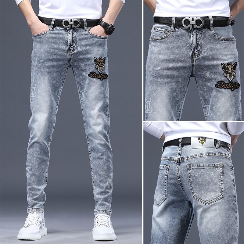 Jeans För Män Rost Blomma Hot Drill Reflekterande Stretch Slim Fit Små Fötter Hål