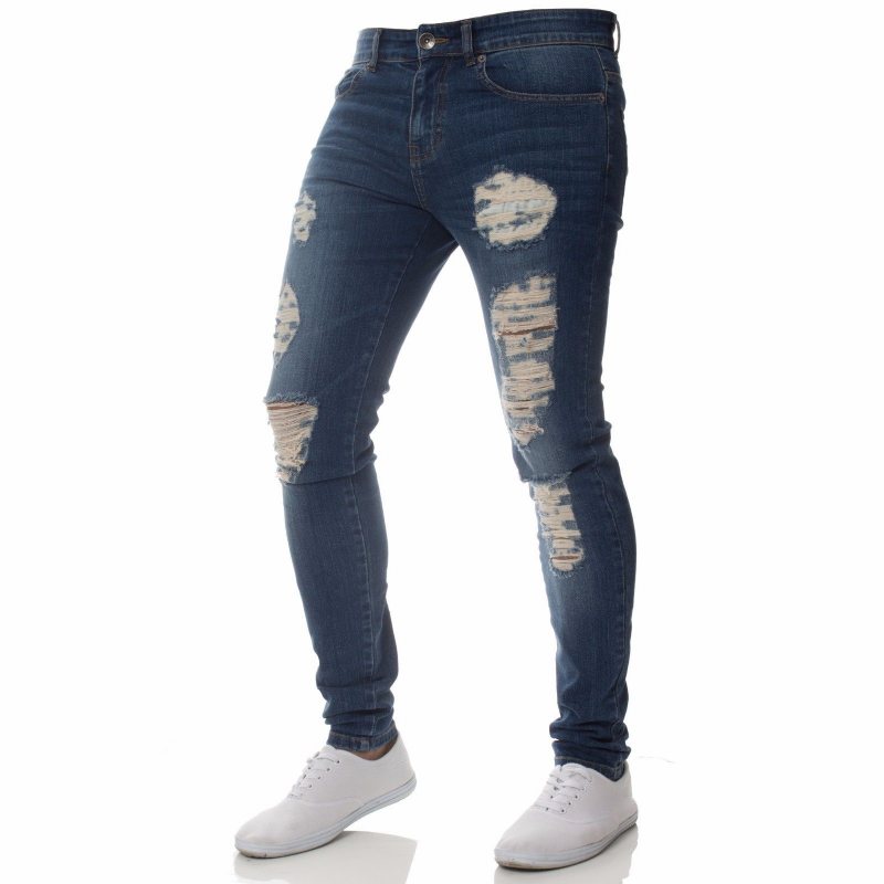 Mode Casual Män Jeans Personlighet Rippade Hål Slim Fit Små Fötter Stilig