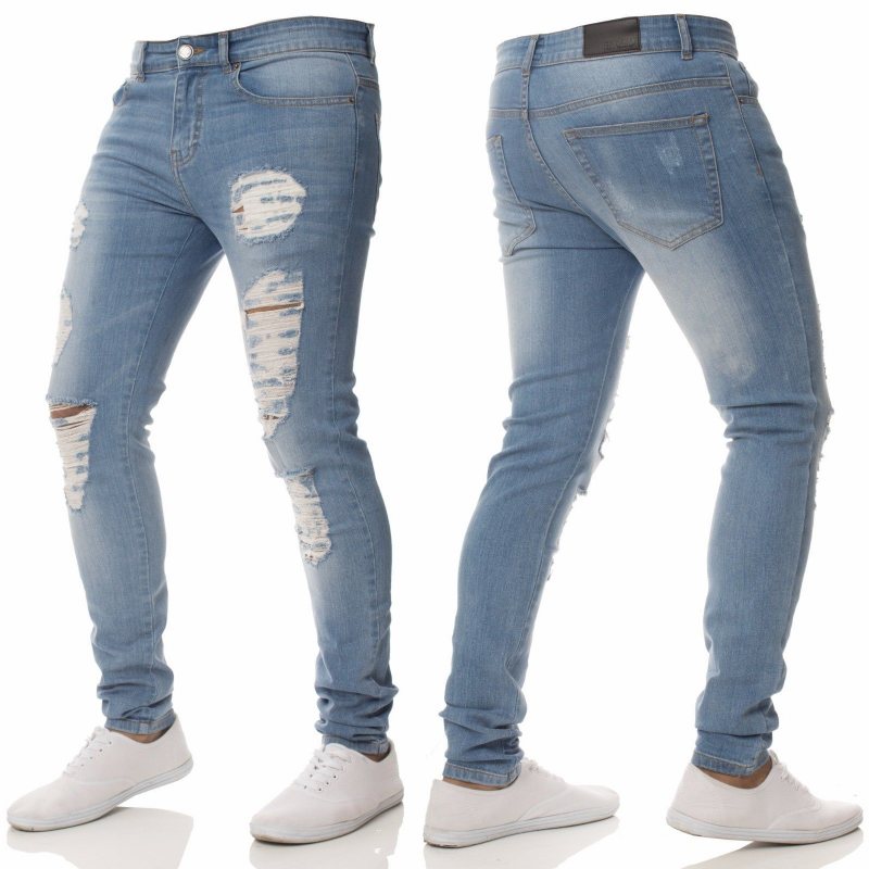 Mode Casual Män Jeans Personlighet Rippade Hål Slim Fit Små Fötter Stilig