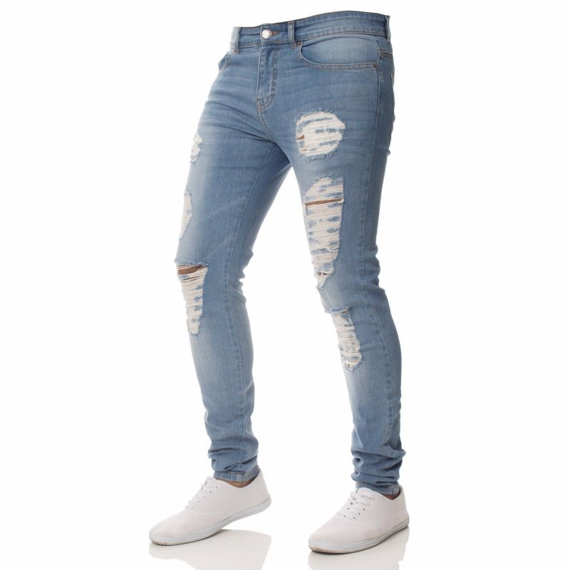 Mode Casual Män Jeans Personlighet Rippade Hål Slim Fit Små Fötter Stilig