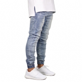 Mörkblå Herrjeans Trendiga Stretchiga Knutna Fötter