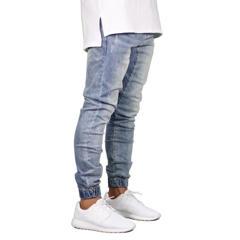 Mörkblå Herrjeans Trendiga Stretchiga Knutna Fötter