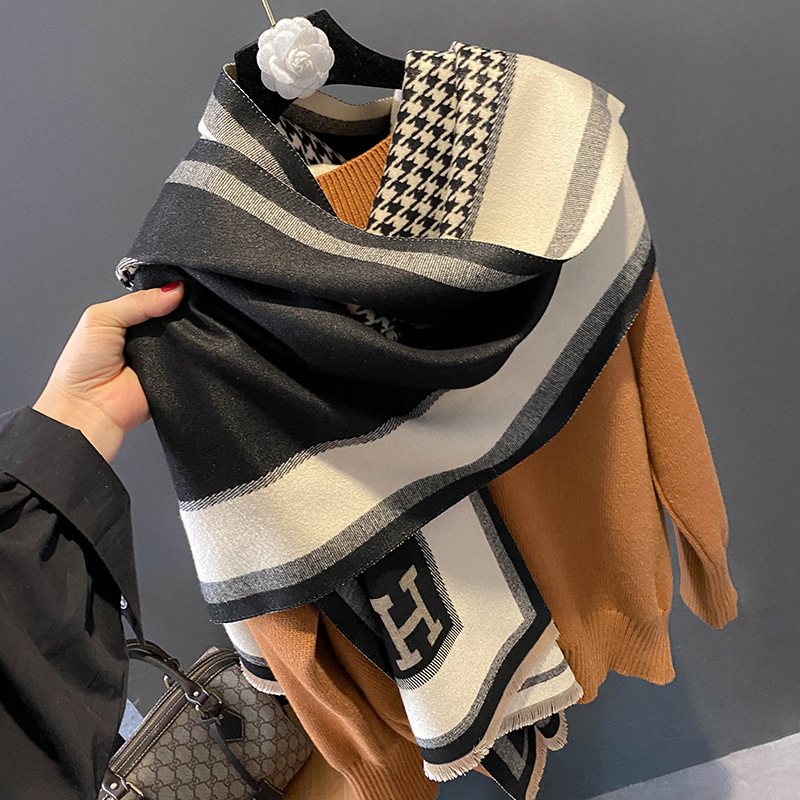 Essential Houndstooth Scarf Dam Höst Och Vinter Cashmere Sjal H Letter Varm